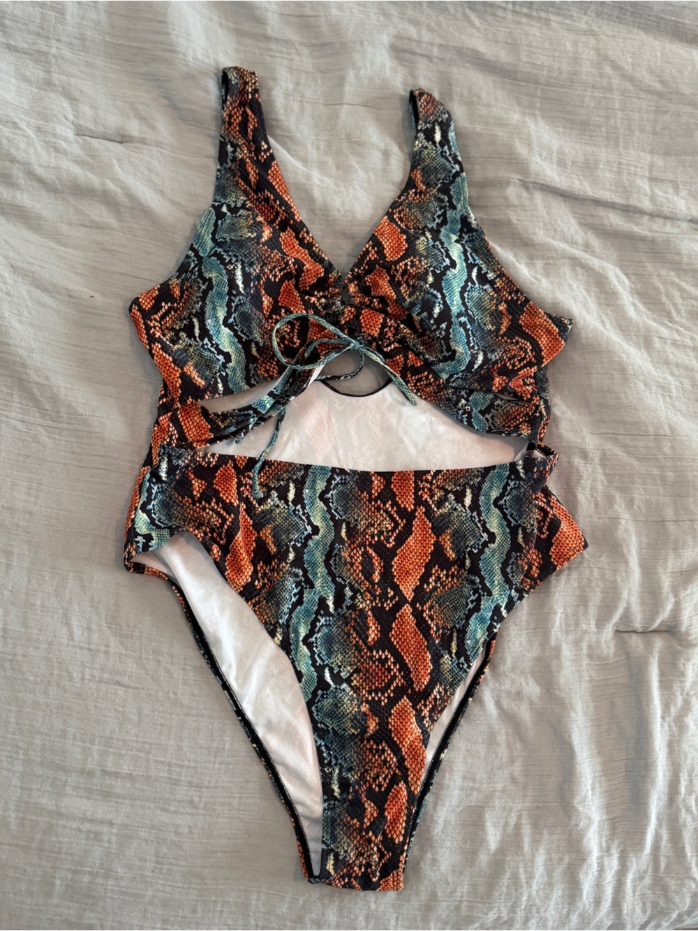 Snake Print Cutout One-Piece Swimsuit - Orange & Teal